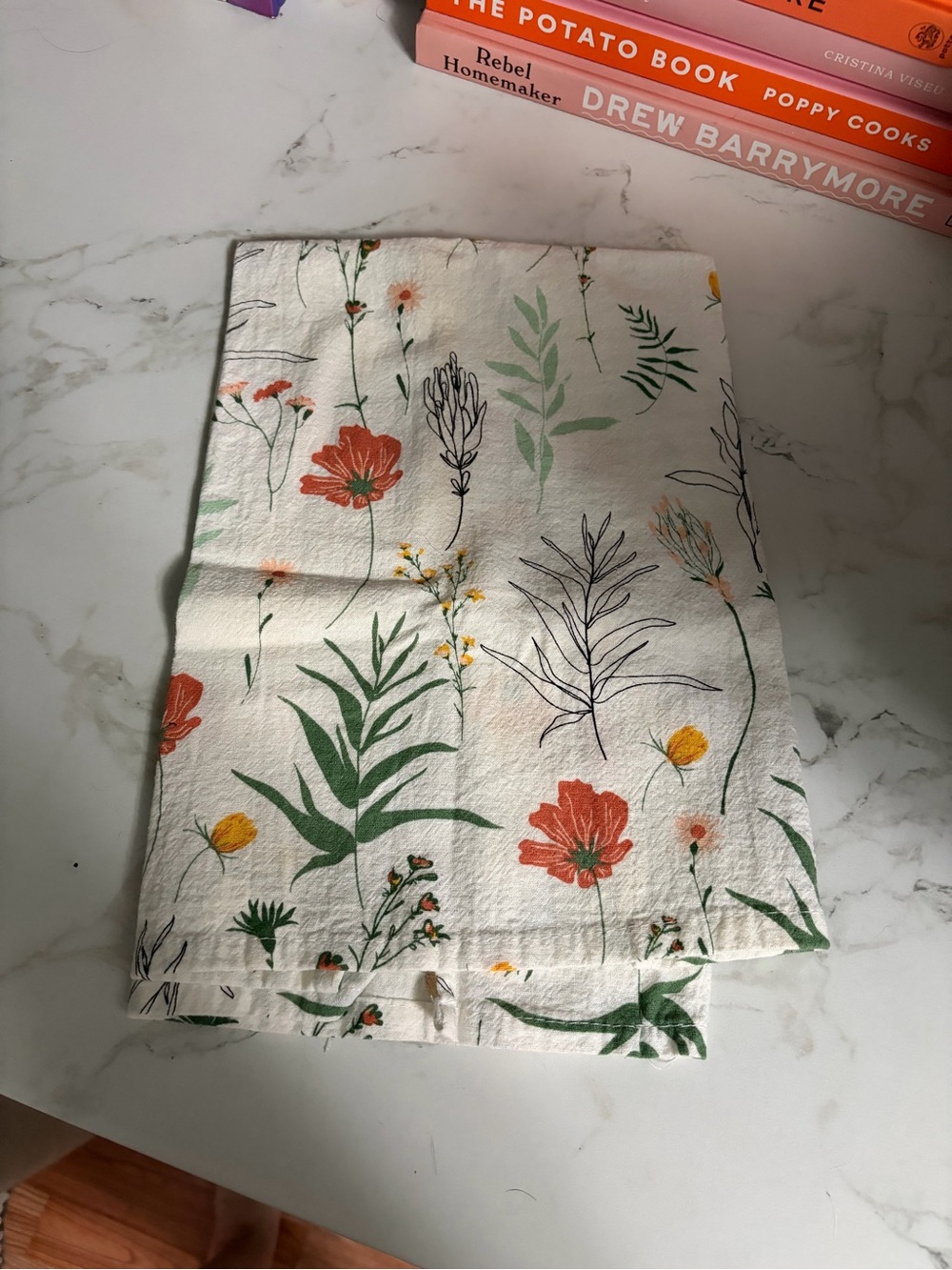 Botanical Floral Tea Towel in Cream with Green & Orange Print